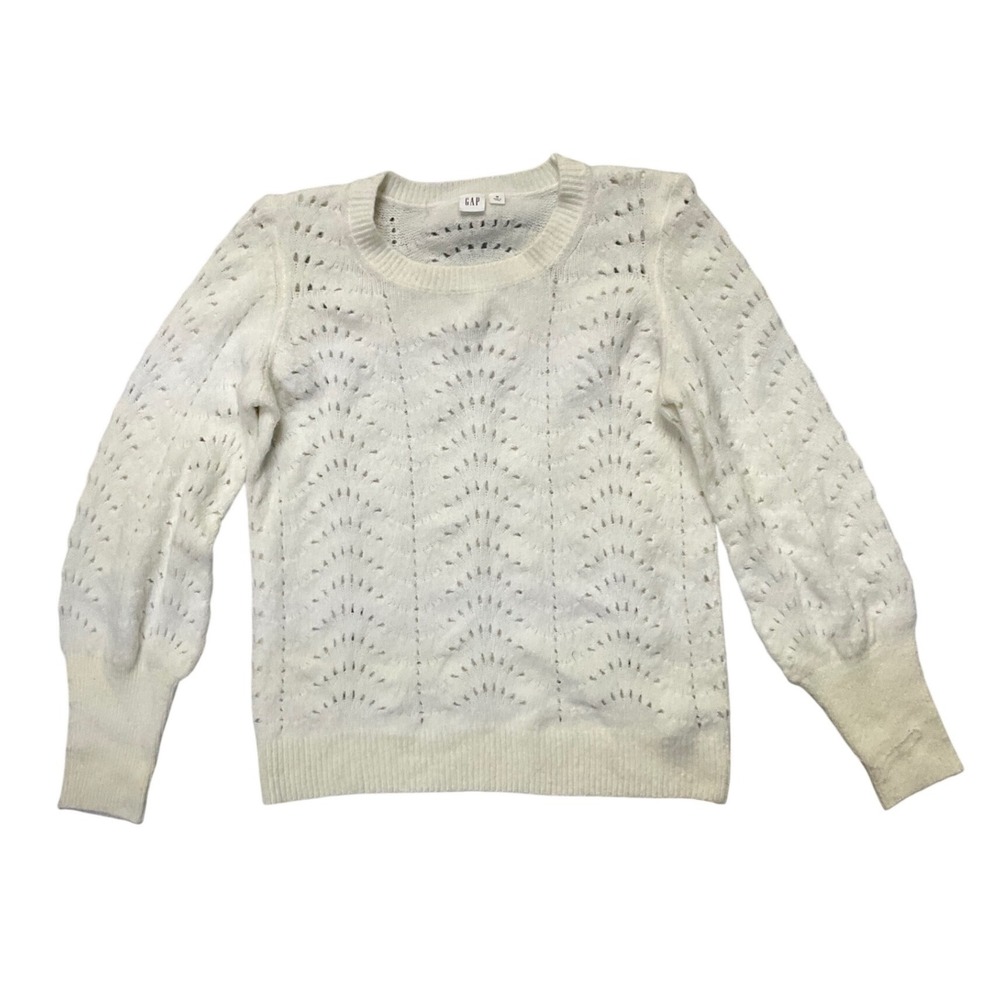 GAP Women Ivory Pointelle Knit‎ Crew Neck Sweater Size M Long Sleeve Eyelet Soft